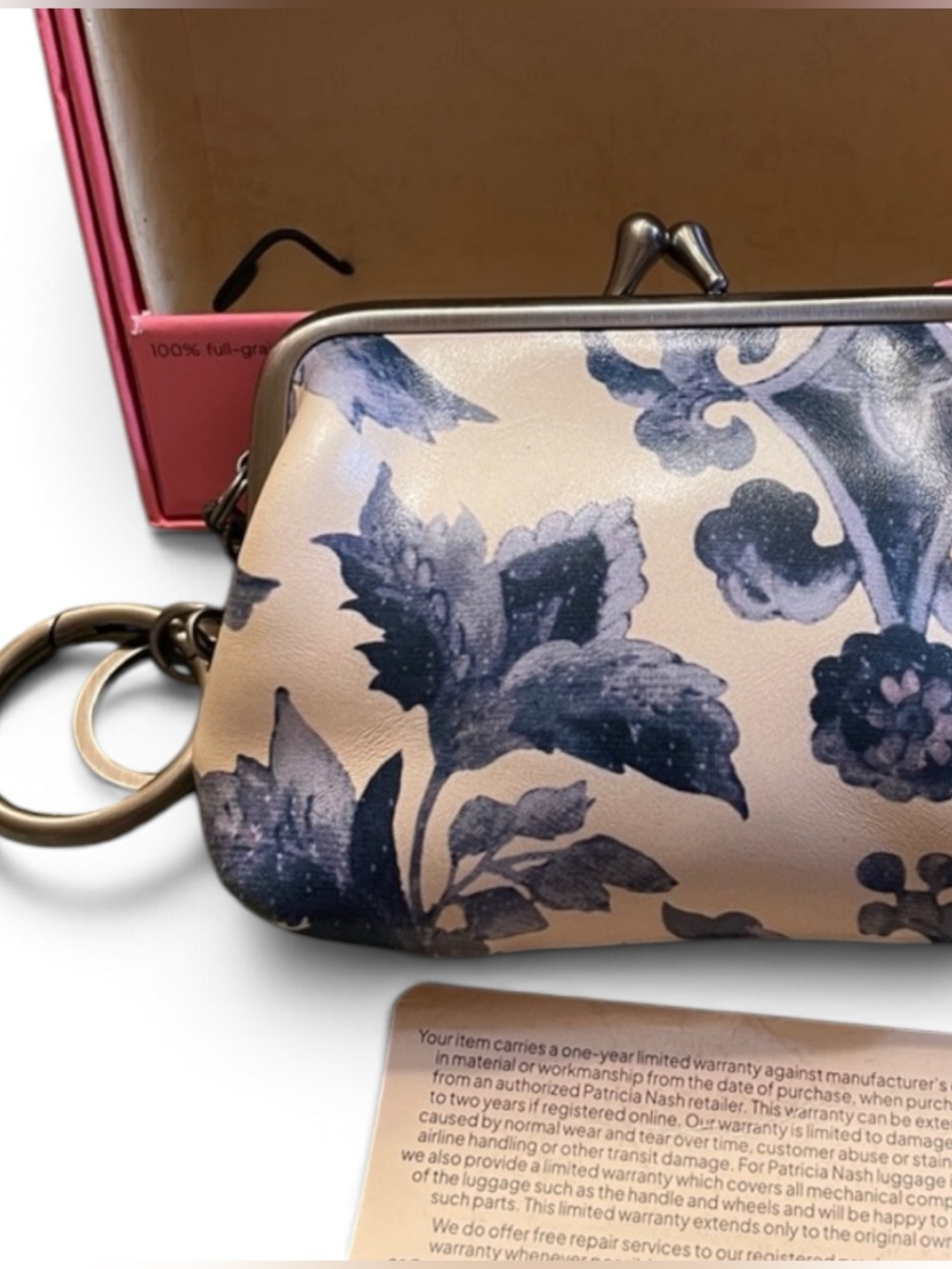 Patricia Nash blue floral leather coin purse/pouch kiss lock with key ring NWT